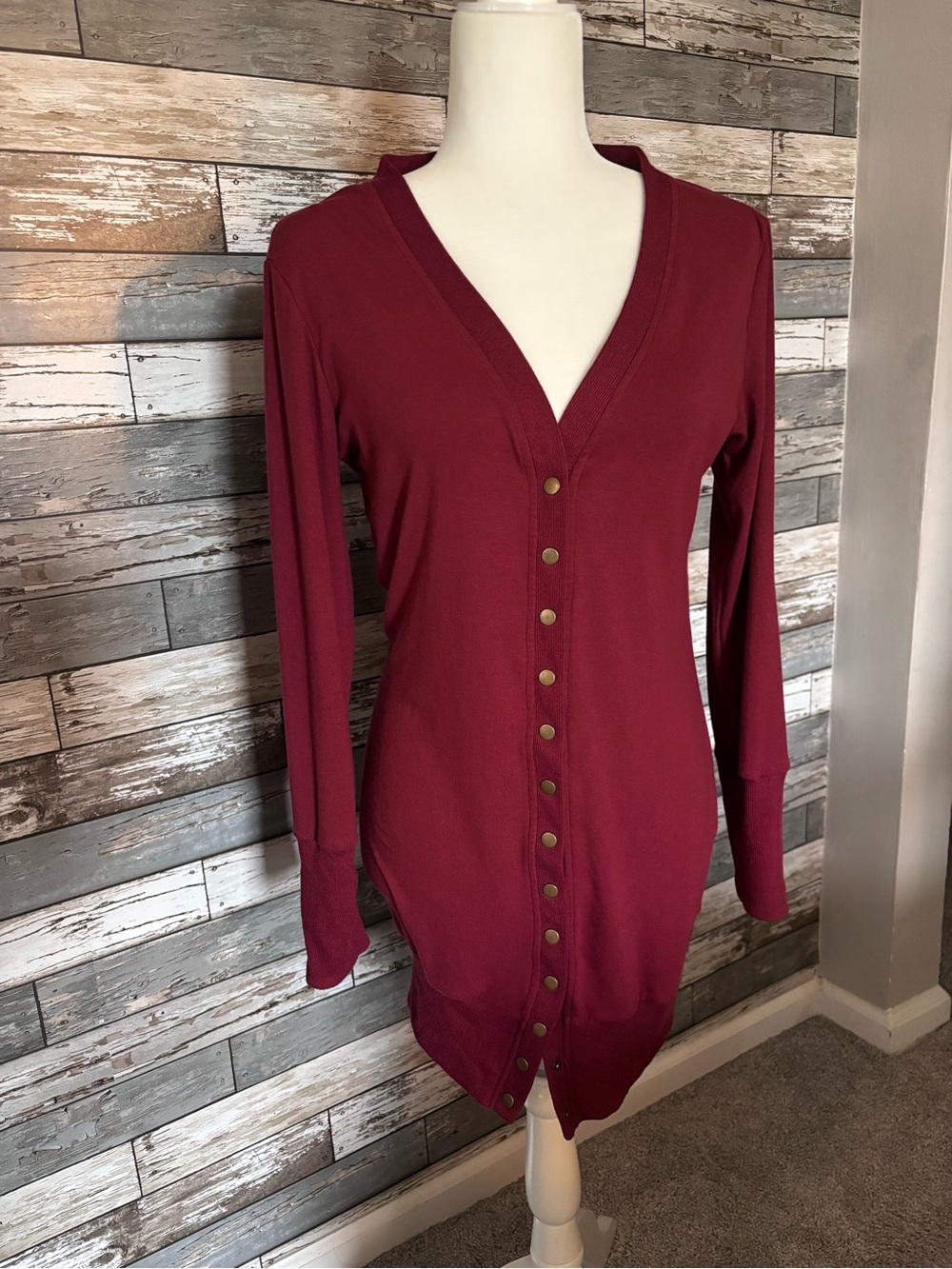 Zesica Casual Long Snap V-Necm Burgundy Cardigan Womens Size M